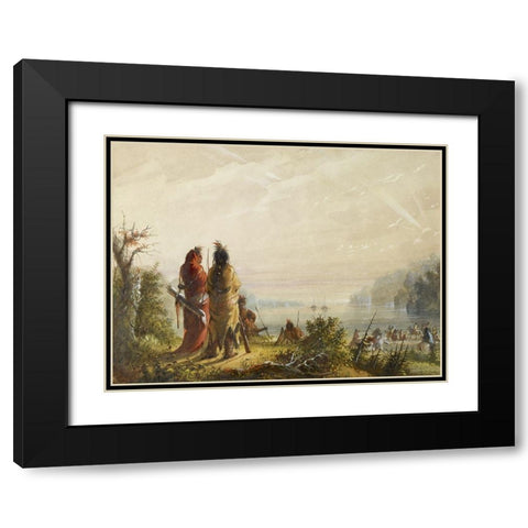 Indians Threatining to Attack Fur Boats Black Modern Wood Framed Art Print with Double Matting by Miller, Alfred Jacob