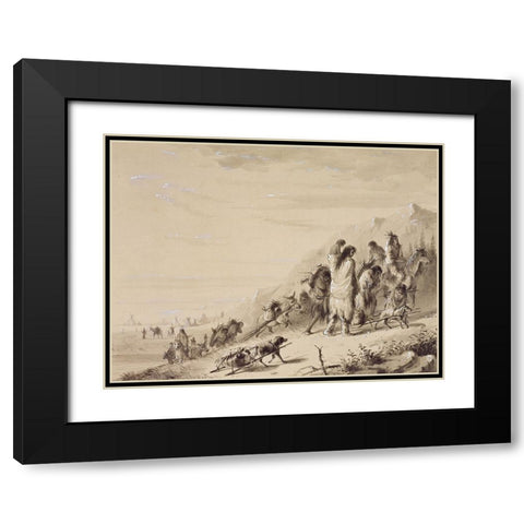 Pawnee Indians Migrating Black Modern Wood Framed Art Print with Double Matting by Miller, Alfred Jacob
