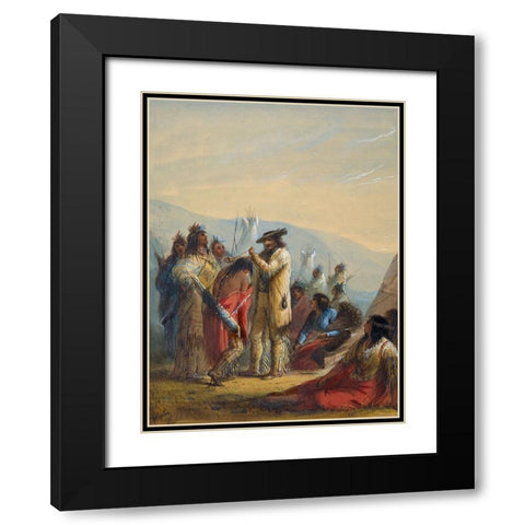Presents to Indians Black Modern Wood Framed Art Print with Double Matting by Miller, Alfred Jacob