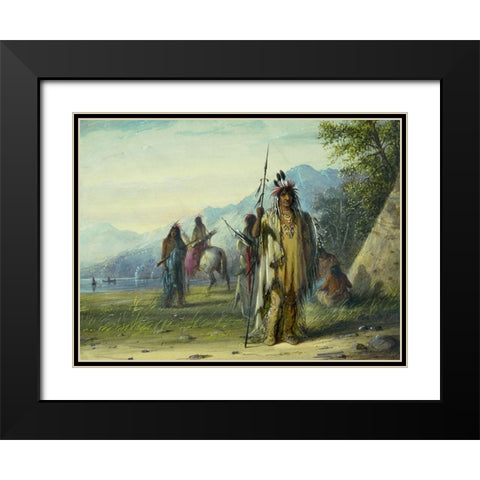 Snake Indian Camp Black Modern Wood Framed Art Print with Double Matting by Miller, Alfred Jacob