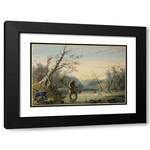 Trapping Beaver Black Modern Wood Framed Art Print with Double Matting by Miller, Alfred Jacob