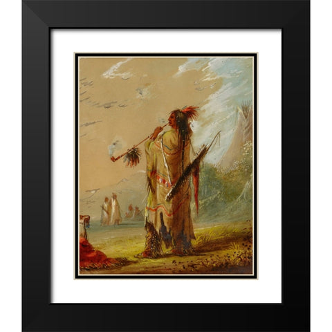A Shoshonee Indian Smoking Black Modern Wood Framed Art Print with Double Matting by Miller, Alfred Jacob