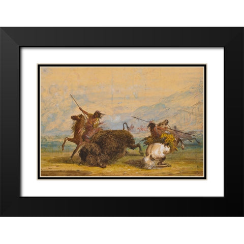 Crow Indians attacking a buffalo with the lance Black Modern Wood Framed Art Print with Double Matting by Miller, Alfred Jacob