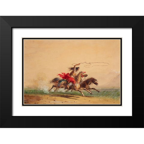 Lassoing Wild Horses Black Modern Wood Framed Art Print with Double Matting by Miller, Alfred Jacob