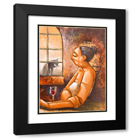 Lady and Cat I Black Modern Wood Framed Art Print with Double Matting by West, Ronald