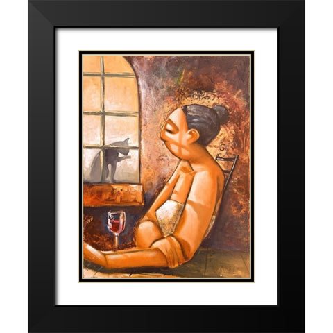 Lady and Cat I Black Modern Wood Framed Art Print with Double Matting by West, Ronald