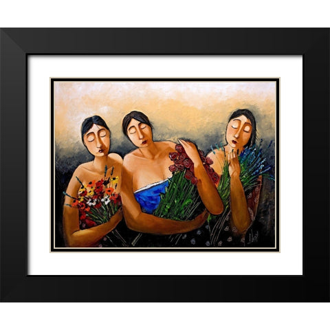 Ladies with Flowers Black Modern Wood Framed Art Print with Double Matting by West, Ronald
