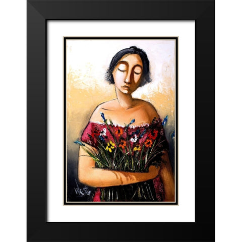 Lady with Flowers Black Modern Wood Framed Art Print with Double Matting by West, Ronald