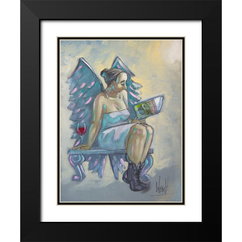 Angel Reading Black Modern Wood Framed Art Print with Double Matting by West, Ronald