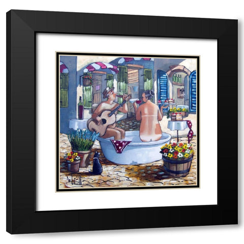 Bath and Guitar Serenade Black Modern Wood Framed Art Print with Double Matting by West, Ronald