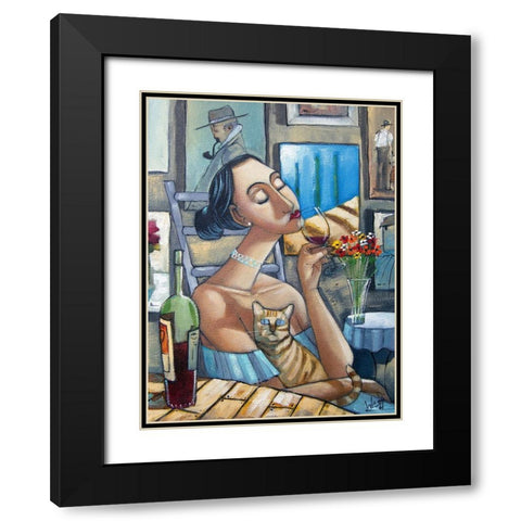 Lady and Cat III Black Modern Wood Framed Art Print with Double Matting by West, Ronald