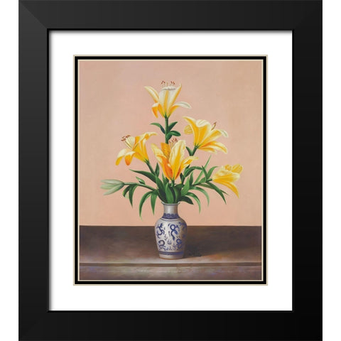 Peach Lilies Black Modern Wood Framed Art Print with Double Matting by Welby