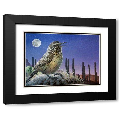 Saguaro Cactus Wren by Moonlight Black Modern Wood Framed Art Print with Double Matting by Vest, Christopher