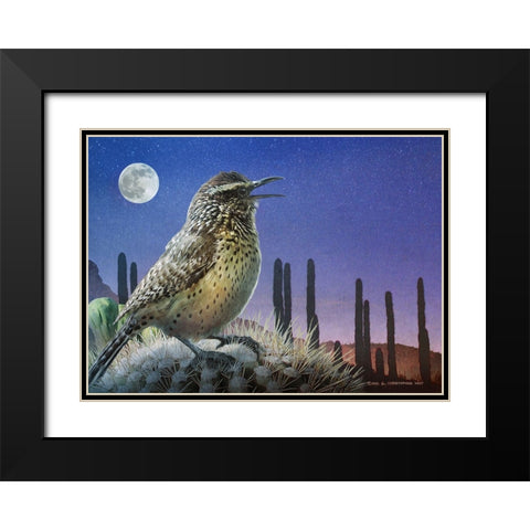 Saguaro Cactus Wren by Moonlight Black Modern Wood Framed Art Print with Double Matting by Vest, Christopher