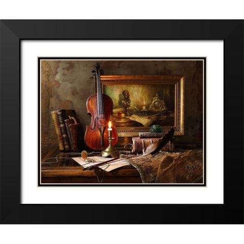 Still life with violin and painting Black Modern Wood Framed Art Print with Double Matting by Morozov, Andrey