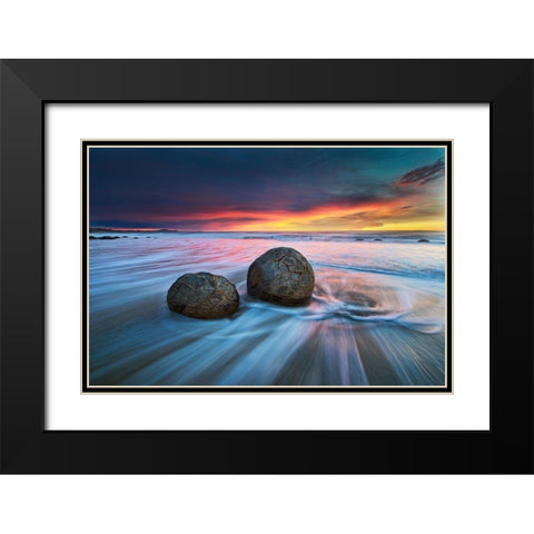 Moeraki Boulders Black Modern Wood Framed Art Print with Double Matting by Zhang, Yan