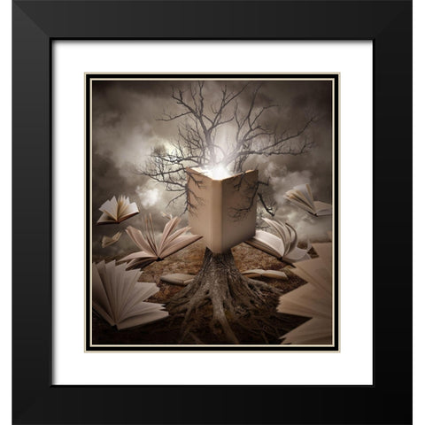 Old Tree Reading Story Book Black Modern Wood Framed Art Print with Double Matting by Waye, Angela