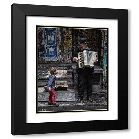 The Busker And The Boy Black Modern Wood Framed Art Print with Double Matting by Russell, Vince