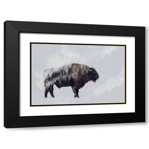 Bison - Double Exposure Black Modern Wood Framed Art Print with Double Matting by Beata, Angyalosi