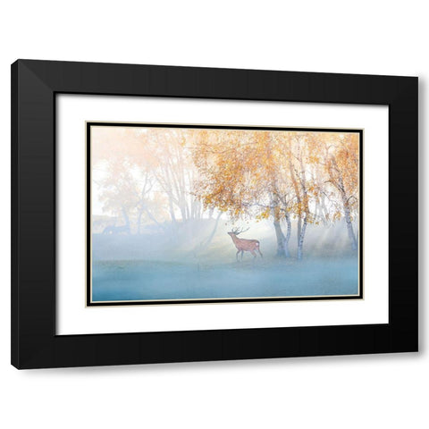 Elk Lost in Mist Black Modern Wood Framed Art Print with Double Matting by Simoon