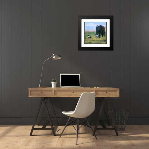 Crowned Cranes with Elephant-Amboseli National Park-Kenya Black Modern Wood Framed Art Print with Double Matting by Fitzharris, Tim