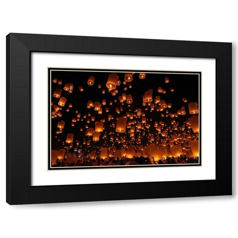 Floating Lanterns Black Modern Wood Framed Art Print with Double Matting by Vichaya