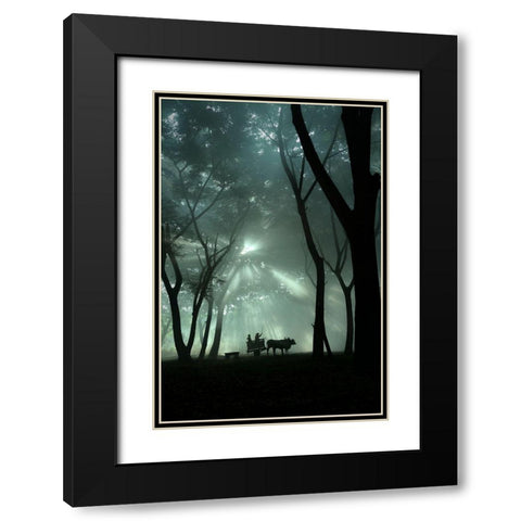 Oxcart Silhouette Black Modern Wood Framed Art Print with Double Matting by Octavandy