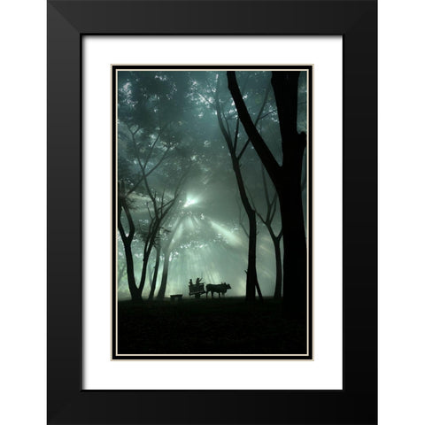Oxcart Silhouette Black Modern Wood Framed Art Print with Double Matting by Octavandy