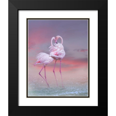 Flamingo Ballet Black Modern Wood Framed Art Print with Double Matting by Wisniowska, Krystina