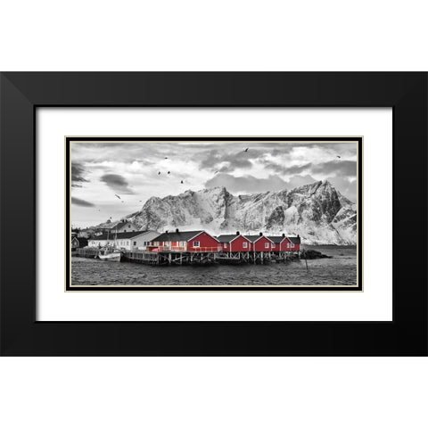 Lofoten Nahe Reine mit roten Hutten Black Modern Wood Framed Art Print with Double Matting by Fischer, Rolf