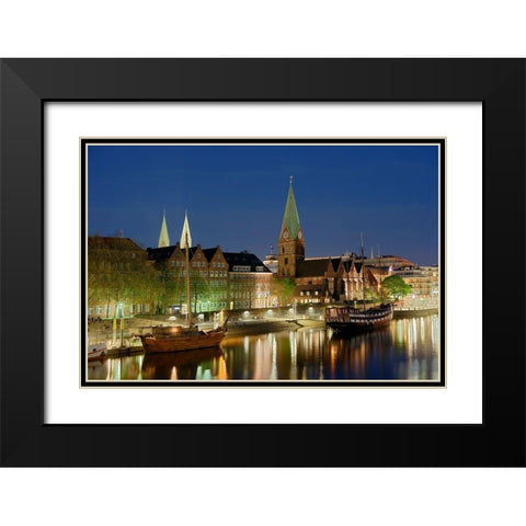 Bremen Hafen bei Nacht Black Modern Wood Framed Art Print with Double Matting by Fischer, Rolf