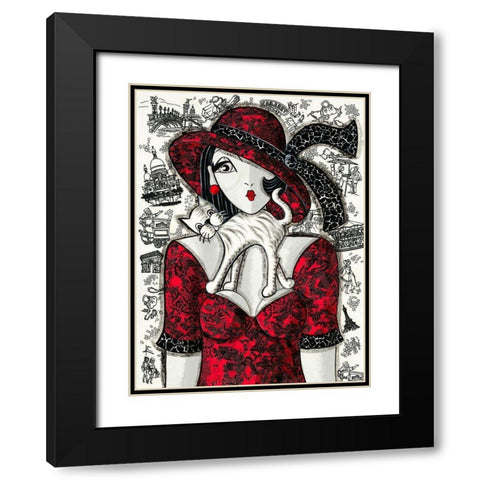 Chat sur robe rouge Black Modern Wood Framed Art Print with Double Matting by MIROTA