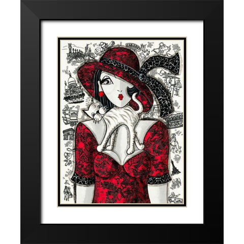 Chat sur robe rouge Black Modern Wood Framed Art Print with Double Matting by MIROTA