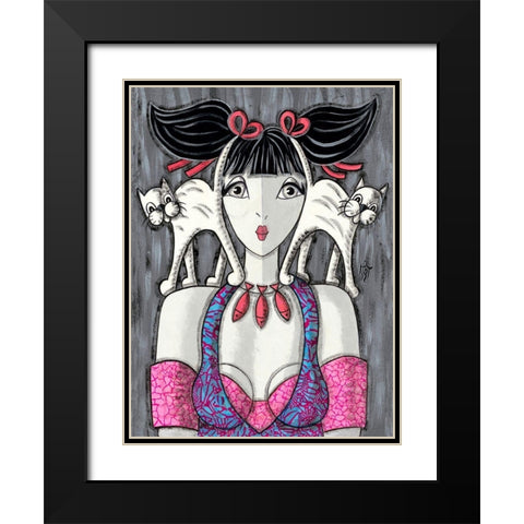 Deux chats-trois poissons Black Modern Wood Framed Art Print with Double Matting by MIROTA