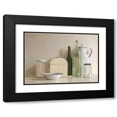 2 jars-2 bottles-jug-tin box and bowl Black Modern Wood Framed Art Print with Double Matting by de Bont, Willem