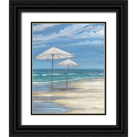 Seascape with Umbrellas - White Black Ornate Wood Framed Art Print with Double Matting by Brent, Paul