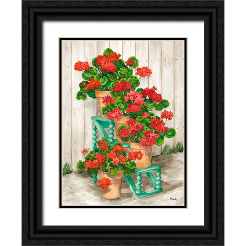 Spindle Shelf Geraniums - Beige Black Ornate Wood Framed Art Print with Double Matting by Brent, Paul
