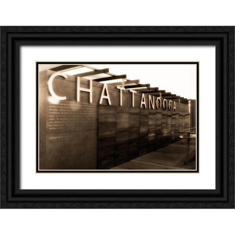 Chatt Pier Sign Sepia Glamour Saturated Black Ornate Wood Framed Art Print with Double Matting by Lee, Rachel