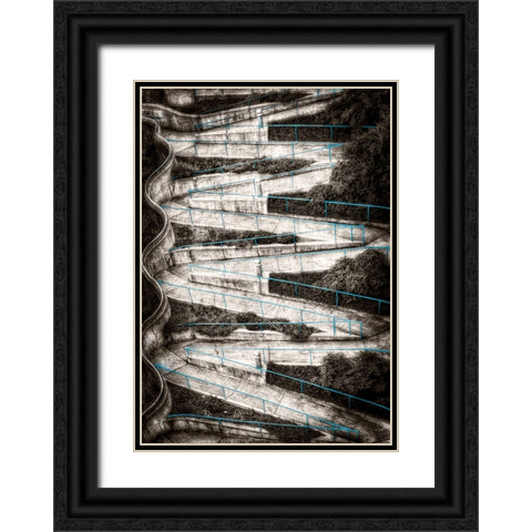 Walk My Way Sepia w Blue Rails Black Ornate Wood Framed Art Print with Double Matting by Lee, Rachel