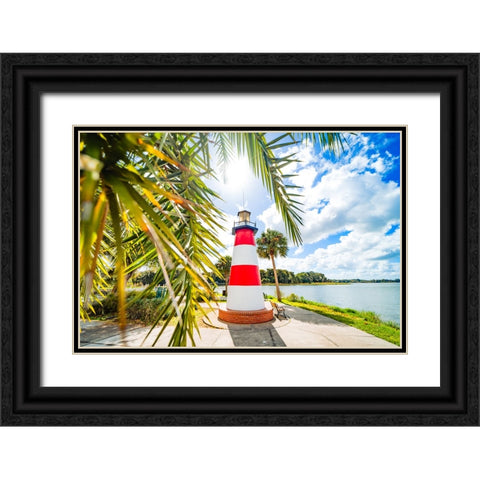 The Candy Cane Lighthouse Black Ornate Wood Framed Art Print with Double Matting by Malone, Will