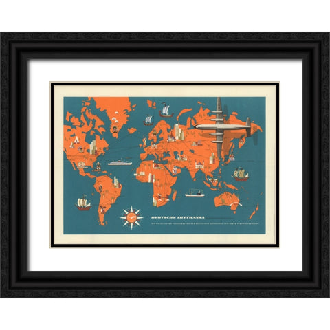 Deutsche Lufthansa Map Black Ornate Wood Framed Art Print with Double Matting by CAG