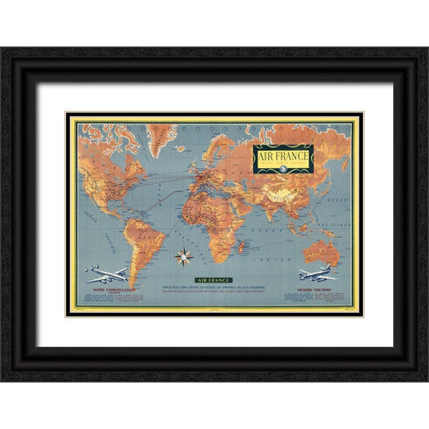 Air France Airline Map Black Ornate Wood Framed Art Print with Double Matting by CAG
