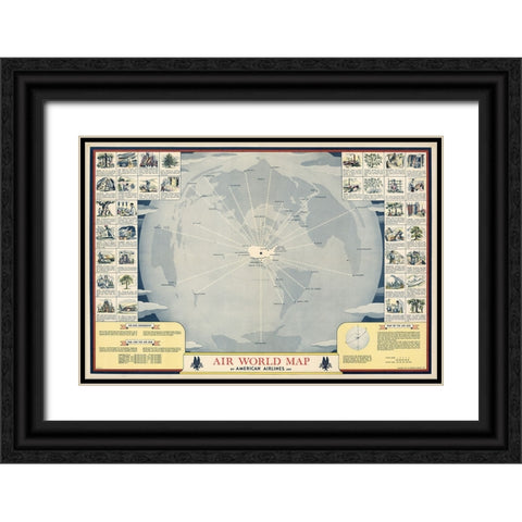 American Airlines Map Black Ornate Wood Framed Art Print with Double Matting by CAG