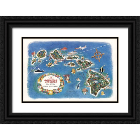 Hawaiian Airlines Map Black Ornate Wood Framed Art Print with Double Matting by CAG