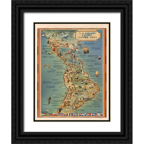 Flying Clipper Ship Map Black Ornate Wood Framed Art Print with Double Matting by CAG