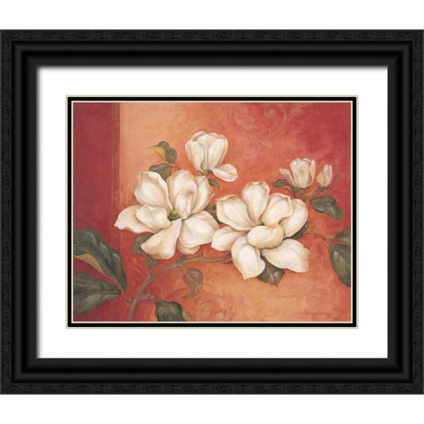 Magnolias Black Ornate Wood Framed Art Print with Double Matting by Gladding, Pamela