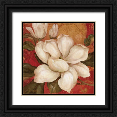 Magnolia on Red I Black Ornate Wood Framed Art Print with Double Matting by Gladding, Pamela