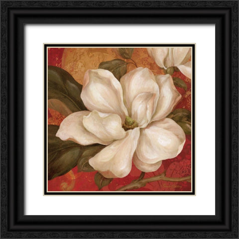 Magnolia on Red II Black Ornate Wood Framed Art Print with Double Matting by Gladding, Pamela