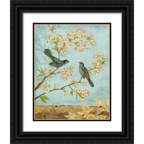 Catbirds and Blooms Black Ornate Wood Framed Art Print with Double Matting by Gladding, Pamela