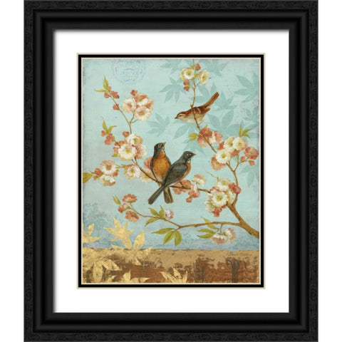 Robins and Blooms Black Ornate Wood Framed Art Print with Double Matting by Gladding, Pamela